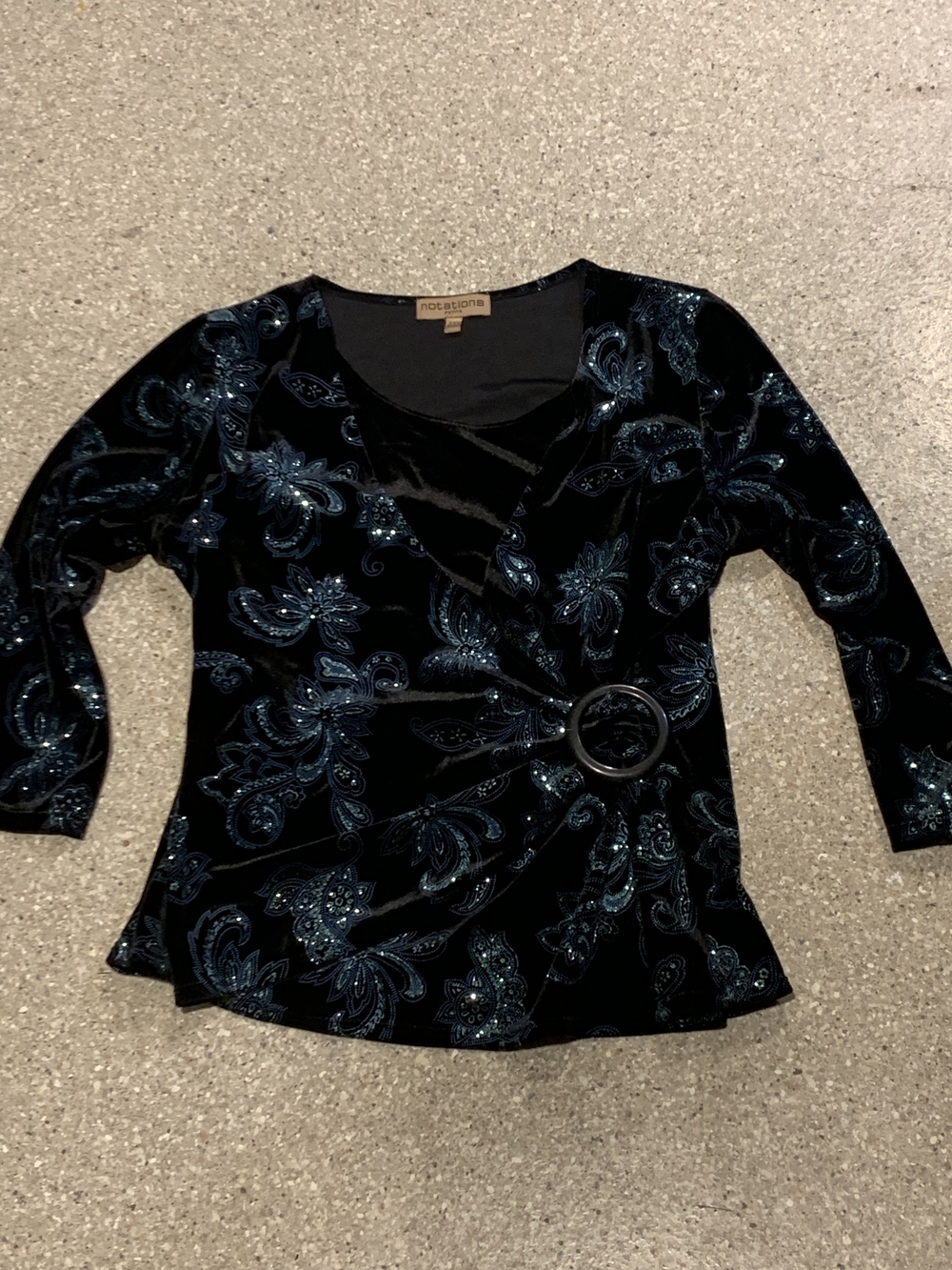 #668 "Notations"  Black Velvet Wrap Top with Teal Paisley Sparkling Accents